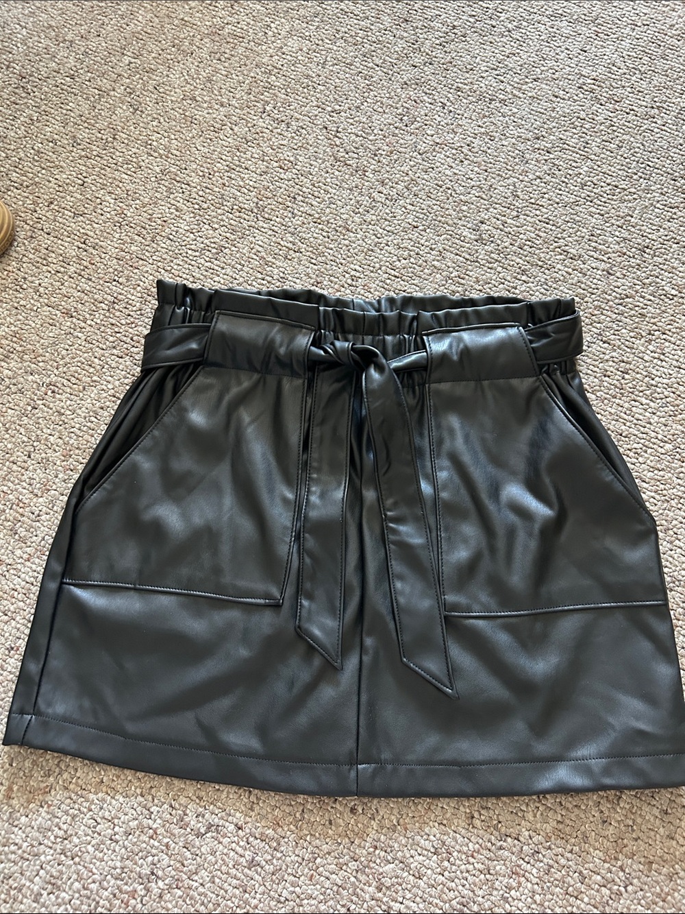 Faux Leather Paperbag Waist Mini Skirt - Black
